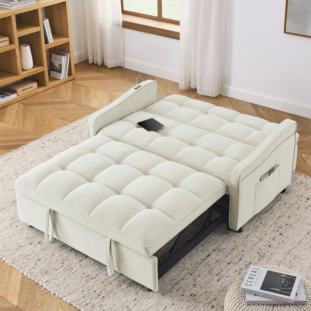 Boho Aesthetic Beige Cream Modern Luxury Loveseats Sofa Bed with Pull-out Bed | Biophilic Design Airbnb Decor Furniture 