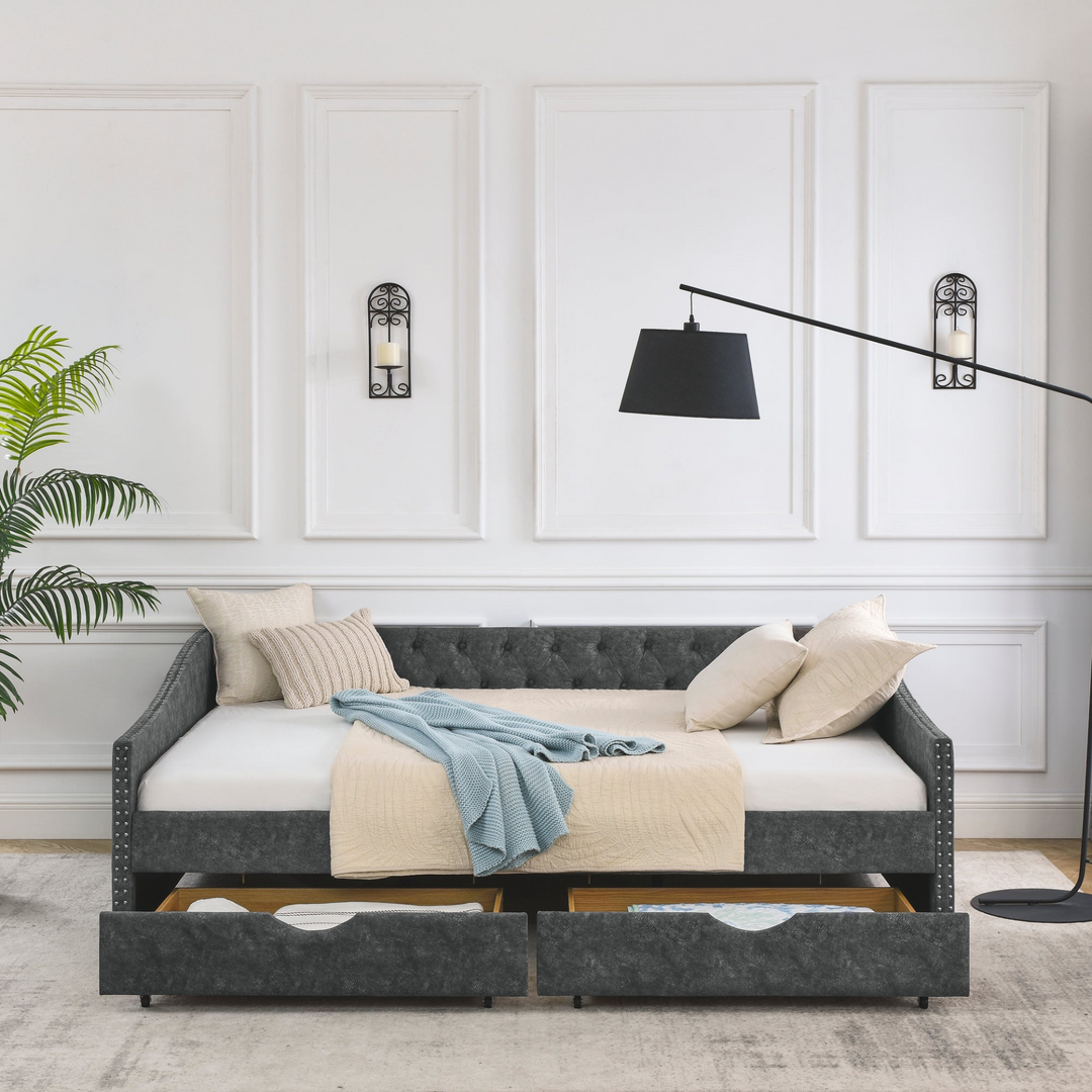 Boho Aesthetic Queen Size Daybed with Drawers Upholstered Tufted Sofa Bed,,with Button on Back and Copper Nail on Waved Shape Arms, Grey (84.5"x63.5"x26.5") | Biophilic Design Airbnb Decor Furniture 