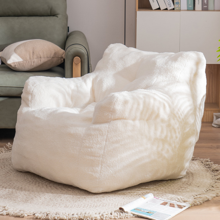 Boho Aesthetic Soft Tufted Foam Bean Bag Chair With Teddy Fabric Ivory White | Biophilic Design Airbnb Decor Furniture 