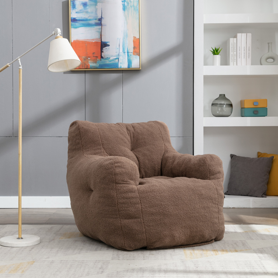 Boho Aesthetic Soft Tufted Foam Bean Bag Chair With Teddy Fabric Coffee Brown | Biophilic Design Airbnb Decor Furniture 