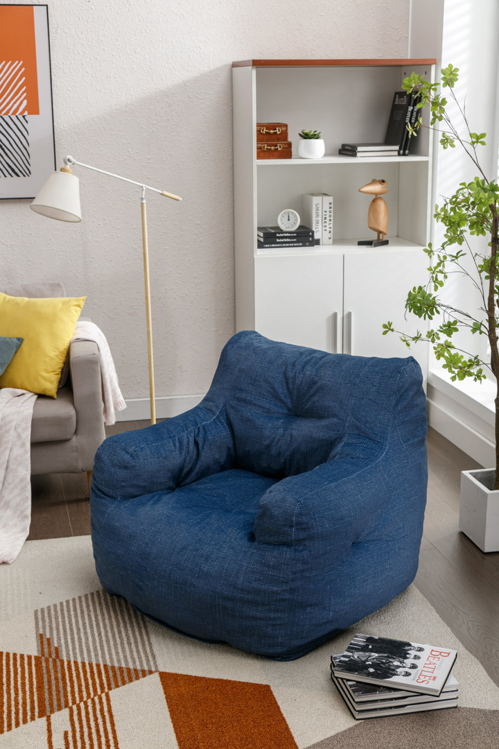 Boho Aesthetic Soft Cotton Linen Fabric Bean Bag Chair Filled With Memory Sponge,Blue | Biophilic Design Airbnb Decor Furniture 