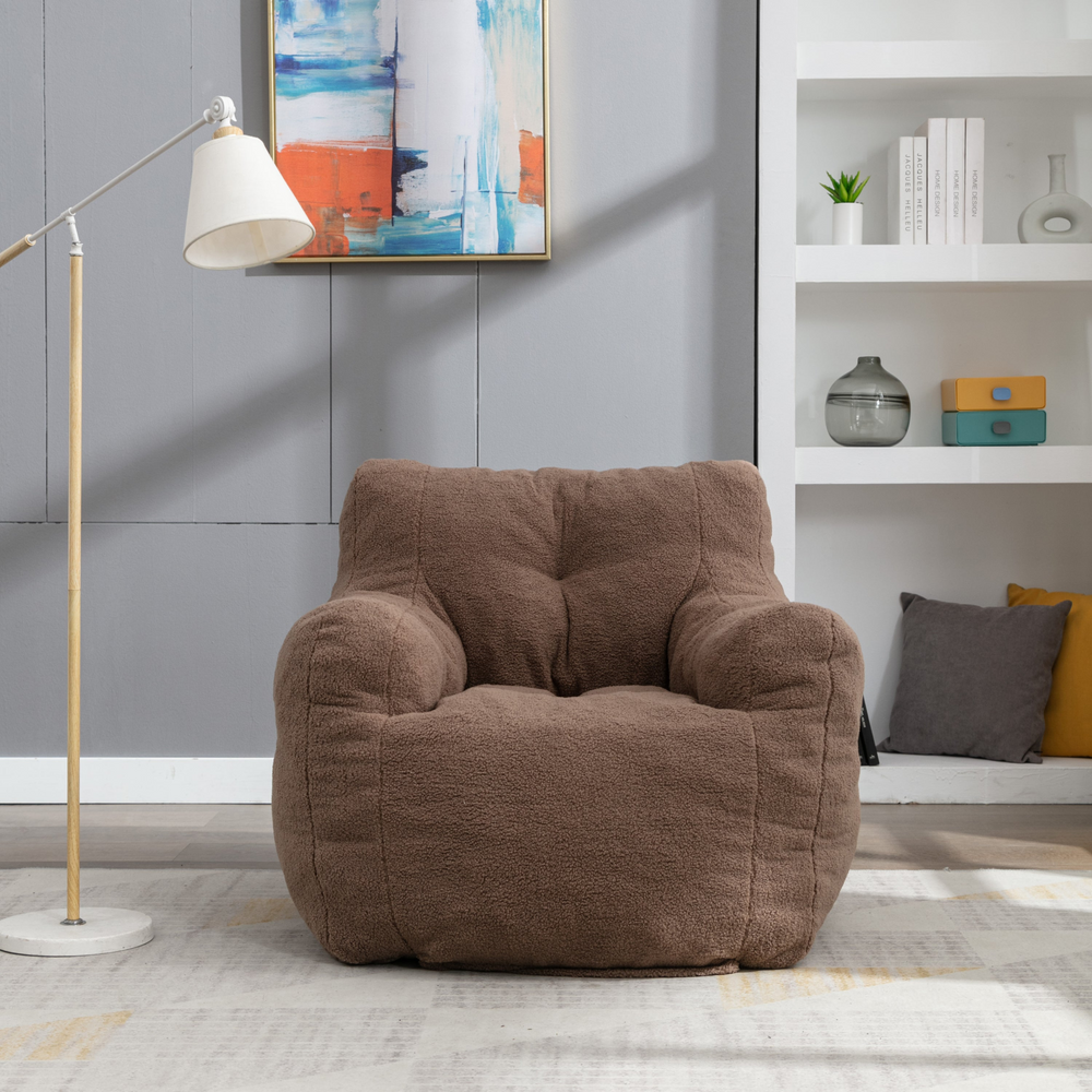 Boho Aesthetic Soft Tufted Foam Bean Bag Chair With Teddy Fabric Coffee Brown | Biophilic Design Airbnb Decor Furniture 