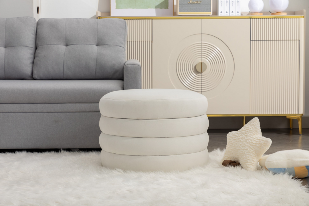 Boho Aesthetic La Montreuil White Velvet Oreo Fabric Storage Round Ottoman Footstool | Biophilic Design Airbnb Decor Furniture 