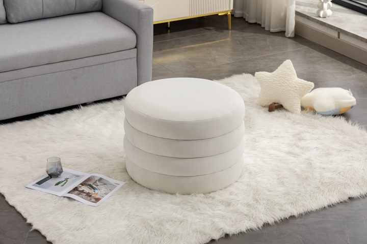 Boho Aesthetic La Montreuil White Velvet Oreo Fabric Storage Round Ottoman Footstool | Biophilic Design Airbnb Decor Furniture 
