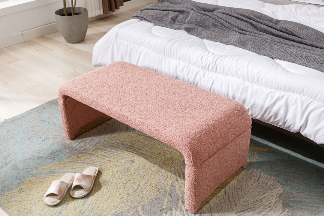 Boho Aesthetic New Boucle Fabric Loveseat Ottoman Footstool Bedroom Bench Shoe Bench With Gold Metal Legs,Coffee Pink | Biophilic Design Airbnb Decor Furniture 