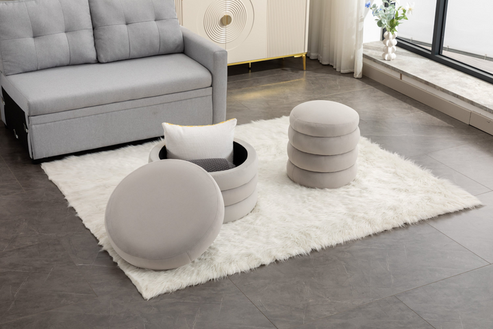 Boho Aesthetic La Montreuil Off White Velvet Oreo Fabric Storage Round Ottoman Footstool | Biophilic Design Airbnb Decor Furniture 