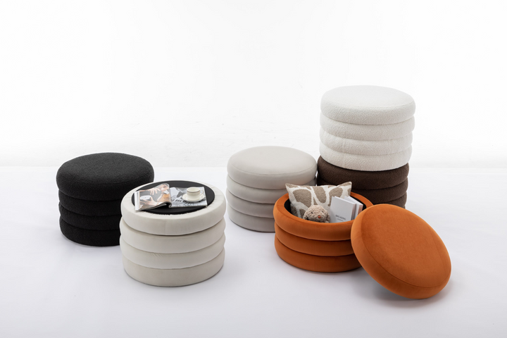 Boho Aesthetic La Montreuil Off White Velvet Oreo Fabric Storage Round Ottoman Footstool | Biophilic Design Airbnb Decor Furniture 