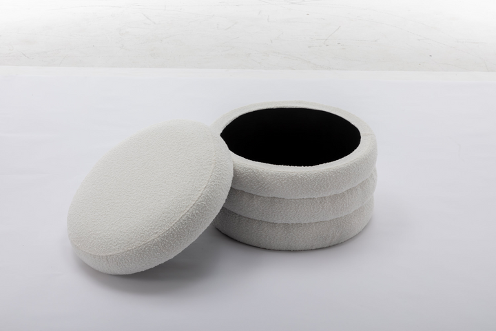 Artisan & Blooms  La Montreuil Off White Velvet Oreo Fabric Storage Round Ottoman Footstool | Biophilic Design Airbnb Decor Furniture 