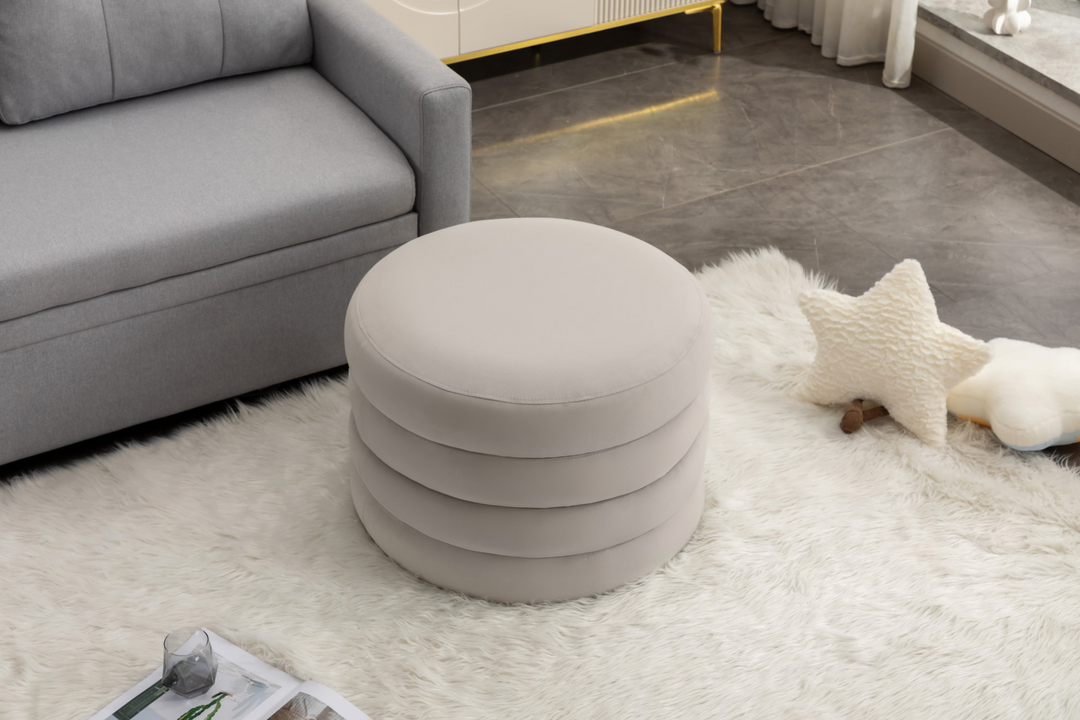 Boho Aesthetic La Montreuil Beige Cream Velvet Oreo Fabric Storage Round Ottoman Footstool | Biophilic Design Airbnb Decor Furniture 
