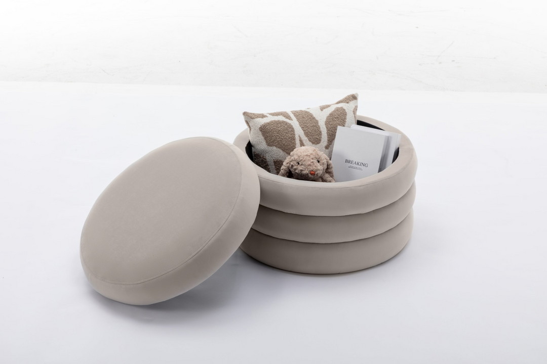 Boho Aesthetic La Montreuil Beige Cream Velvet Oreo Fabric Storage Round Ottoman Footstool | Biophilic Design Airbnb Decor Furniture 