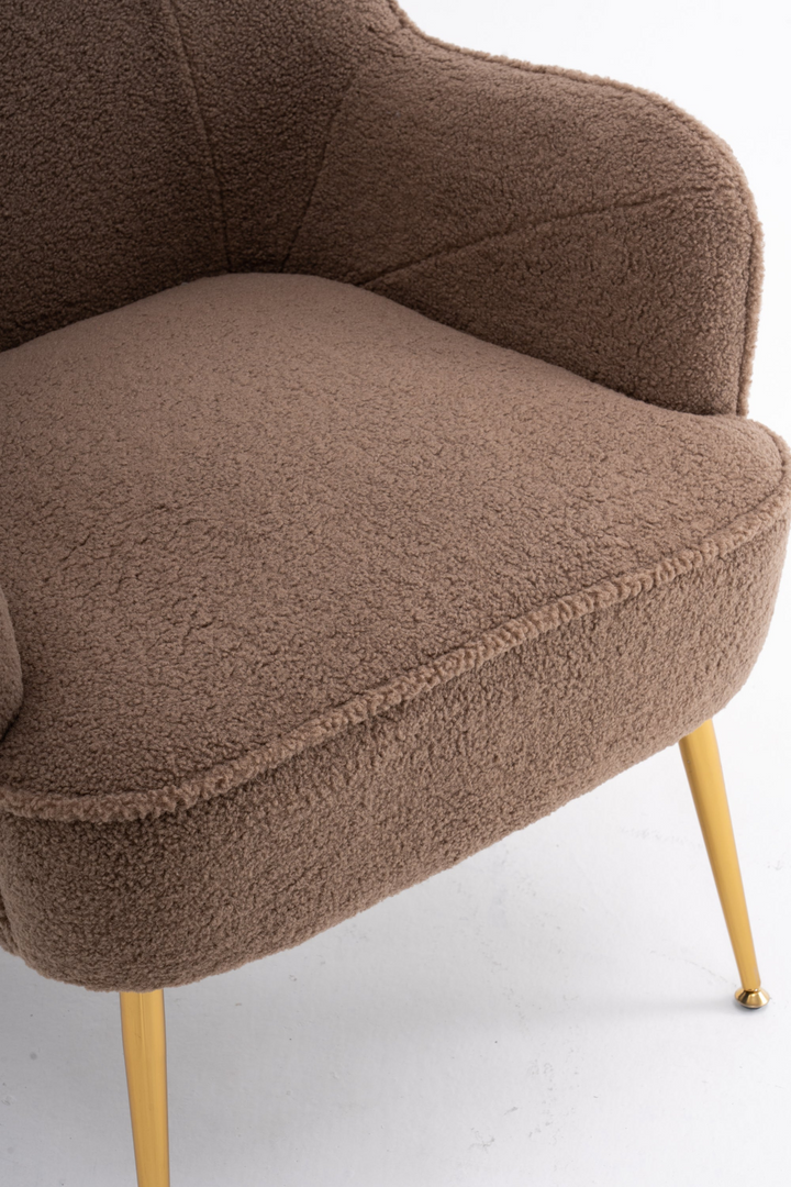Boho Aesthetic La Lille Coffee Modern Soft Teddy Fabric Accent Chair With Gold Metal Legs | Biophilic Design Airbnb Decor Furniture 