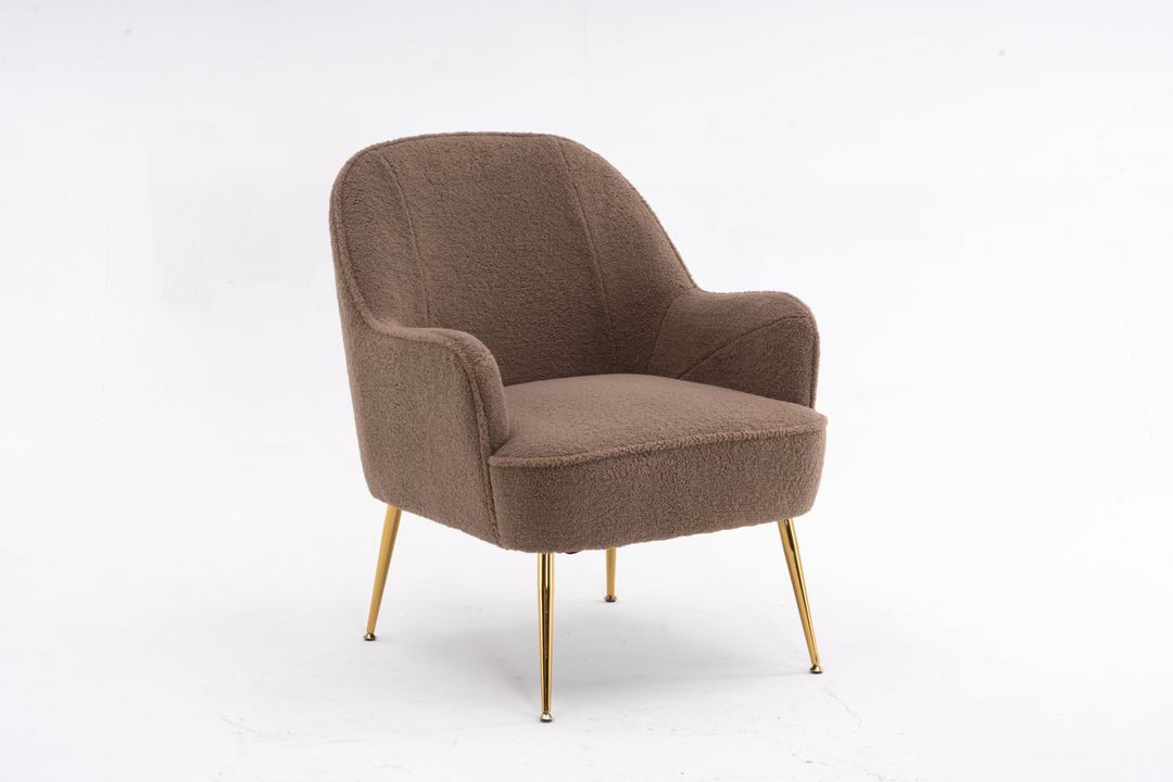 Boho Aesthetic La Lille Coffee Modern Soft Teddy Fabric Accent Chair With Gold Metal Legs | Biophilic Design Airbnb Decor Furniture 