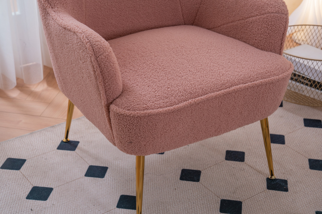 Boho Aesthetic La Lille Pink Modern Soft Boucle Fabric Accent Chair With Gold Metal Legs | Biophilic Design Airbnb Decor Furniture 