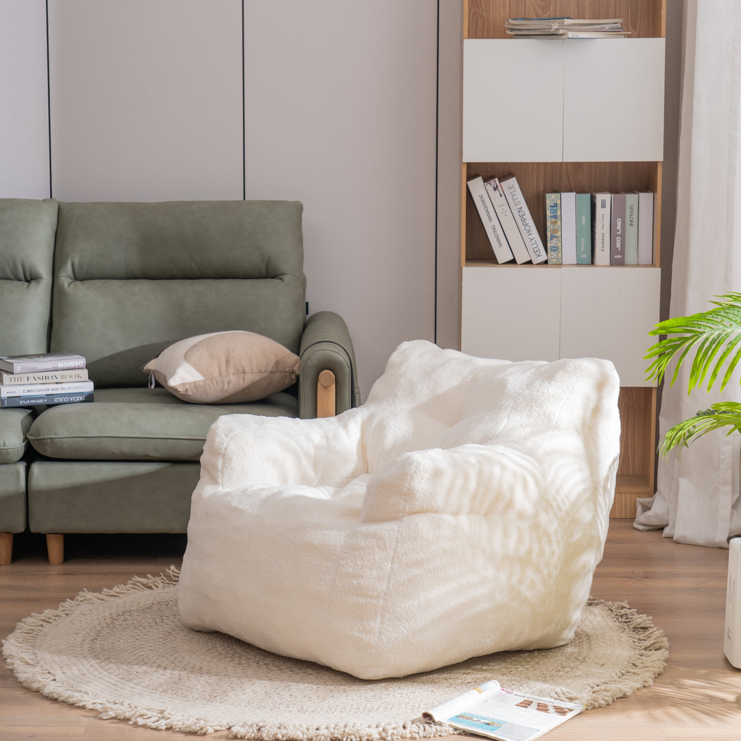 Boho Aesthetic Soft Tufted Foam Bean Bag Chair With Teddy Fabric Ivory White | Biophilic Design Airbnb Decor Furniture 