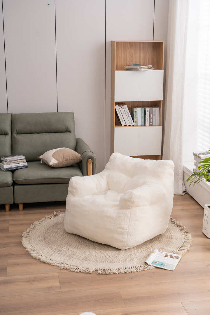 Boho Aesthetic Soft Tufted Foam Bean Bag Chair With Teddy Fabric Ivory White | Biophilic Design Airbnb Decor Furniture 