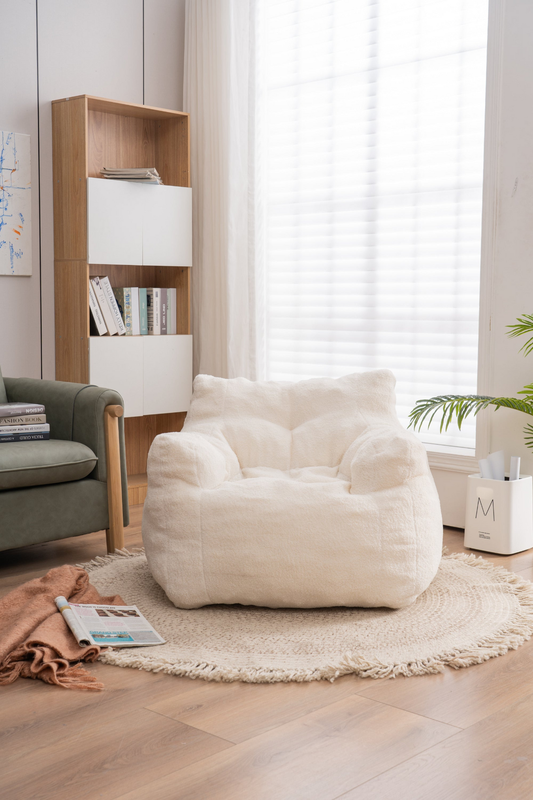 Boho Aesthetic Soft Tufted Foam Bean Bag Chair With Teddy Fabric Ivory White | Biophilic Design Airbnb Decor Furniture 