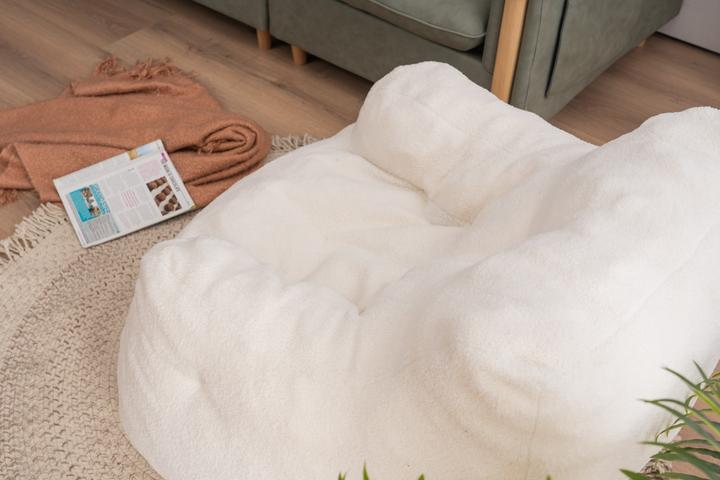 Boho Aesthetic Soft Tufted Foam Bean Bag Chair With Teddy Fabric Ivory White | Biophilic Design Airbnb Decor Furniture 