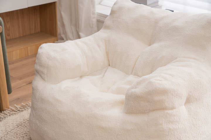 Boho Aesthetic Soft Tufted Foam Bean Bag Chair With Teddy Fabric Ivory White | Biophilic Design Airbnb Decor Furniture 