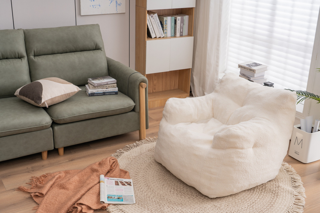 Boho Aesthetic Soft Tufted Foam Bean Bag Chair With Teddy Fabric Ivory White | Biophilic Design Airbnb Decor Furniture 