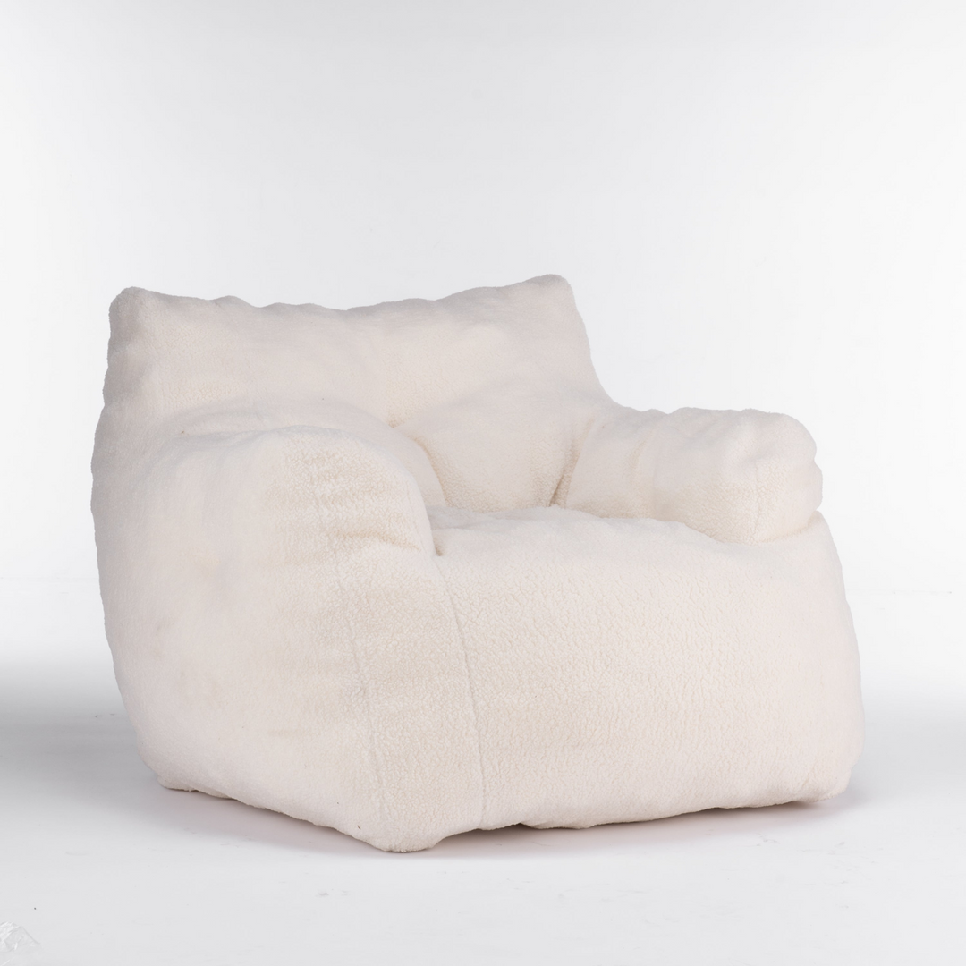 Boho Aesthetic Soft Tufted Foam Bean Bag Chair With Teddy Fabric Ivory White | Biophilic Design Airbnb Decor Furniture 