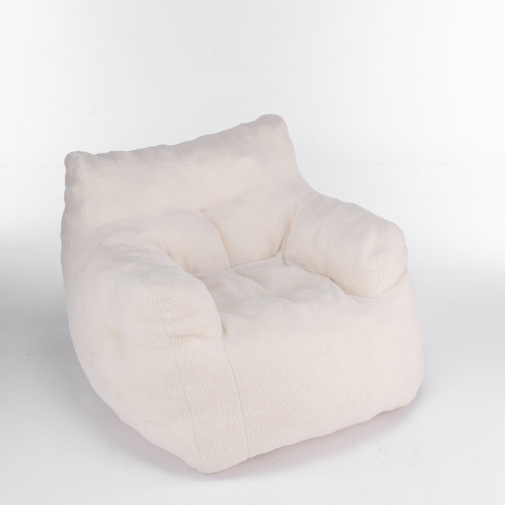 Boho Aesthetic Soft Tufted Foam Bean Bag Chair With Teddy Fabric Ivory White | Biophilic Design Airbnb Decor Furniture 