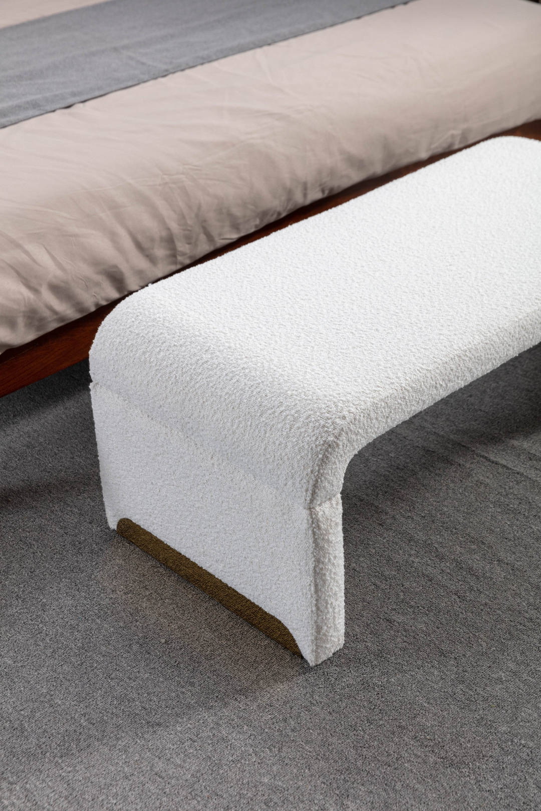 Boho Aesthetic New Boucle Fabric Loveseat Ottoman Footstool Bedroom Bench Shoe Bench With Gold Metal Legs,Ivory White | Biophilic Design Airbnb Decor Furniture 