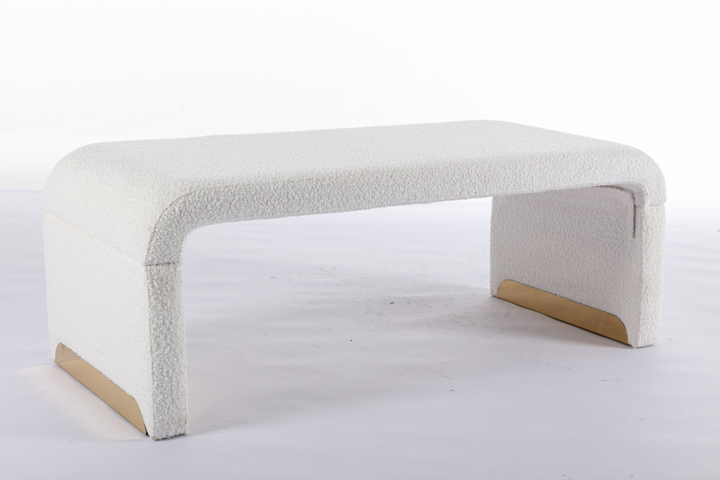 Boho Aesthetic New Boucle Fabric Loveseat Ottoman Footstool Bedroom Bench Shoe Bench With Gold Metal Legs,Ivory White | Biophilic Design Airbnb Decor Furniture 