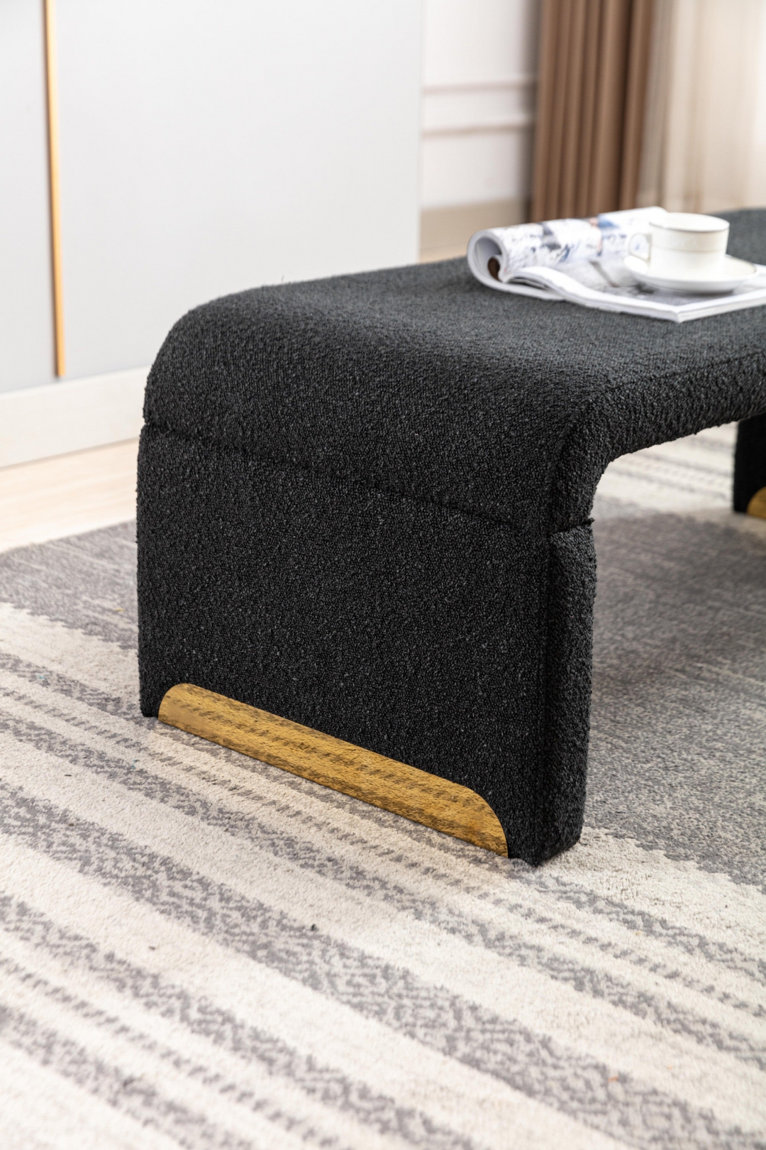 Boho Aesthetic New Boucle Fabric Loveseat Ottoman Footstool Bedroom Bench Shoe Bench With Gold Metal Legs,Black | Biophilic Design Airbnb Decor Furniture 