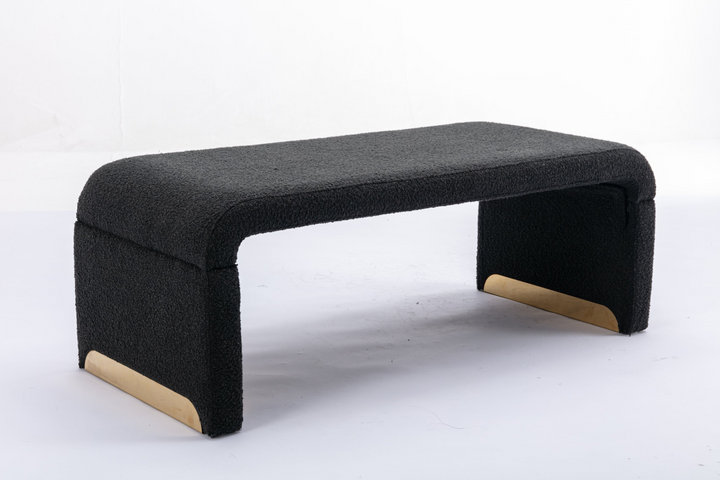 Boho Aesthetic New Boucle Fabric Loveseat Ottoman Footstool Bedroom Bench Shoe Bench With Gold Metal Legs,Black | Biophilic Design Airbnb Decor Furniture 