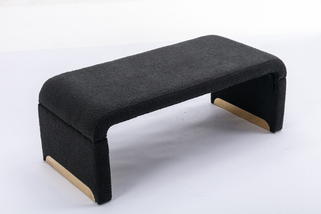 Boho Aesthetic New Boucle Fabric Loveseat Ottoman Footstool Bedroom Bench Shoe Bench With Gold Metal Legs,Black | Biophilic Design Airbnb Decor Furniture 