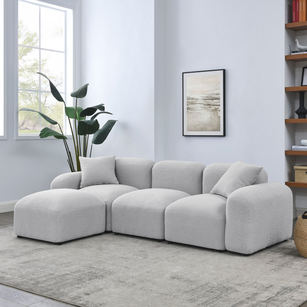 Boho Aesthetic La Clermont L-Shape Grey Modular Boucle Fabric Sofa Sectional | Biophilic Design Airbnb Decor Furniture 