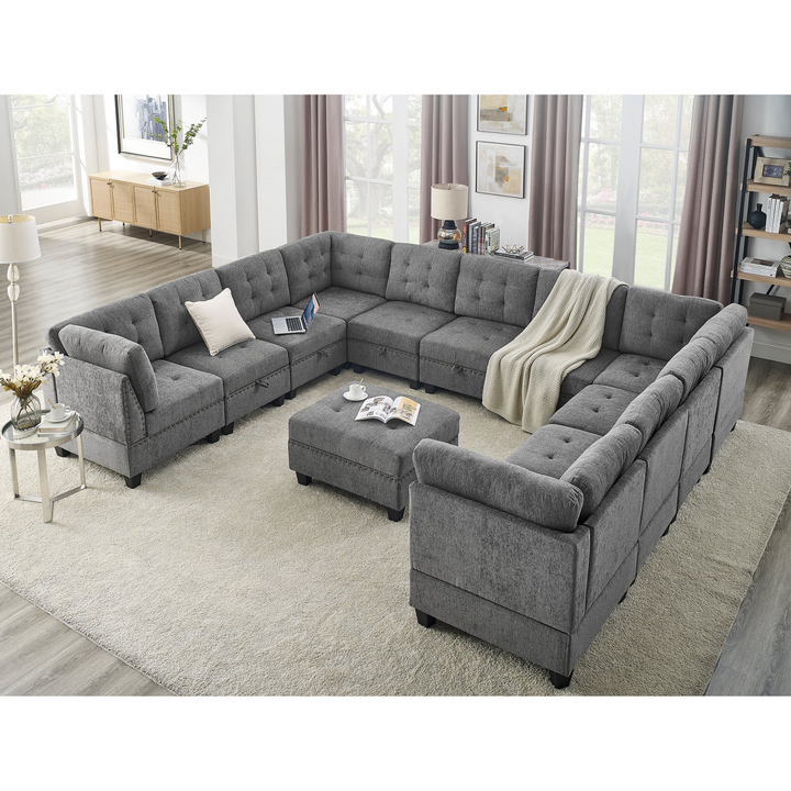 Boho Aesthetic U shape Modular Sectional Sofa,DIY Combination,includes Seven Single Chair, Four Corner and One Ottoman,Grey | Biophilic Design Airbnb Decor Furniture 