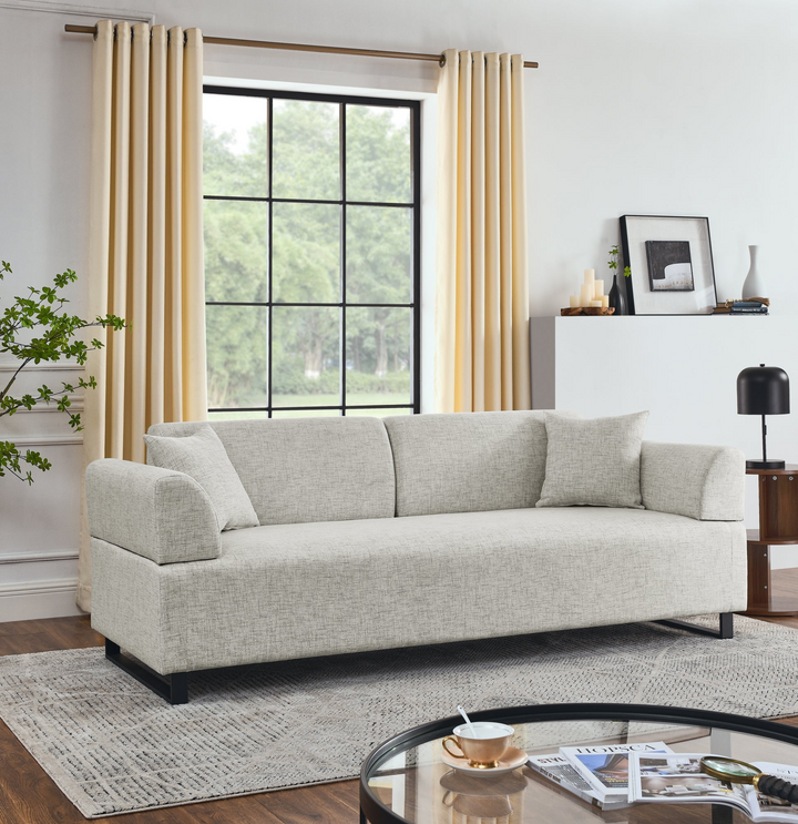 Boho Aesthetic Linen Fabric 3 Seat Sofa with Two End Tables and Two Pillows, Removable Back and Armrest, Morden Style Upholstered 3-Seat Couch for Living Room | Biophilic Design Airbnb Decor Furniture 