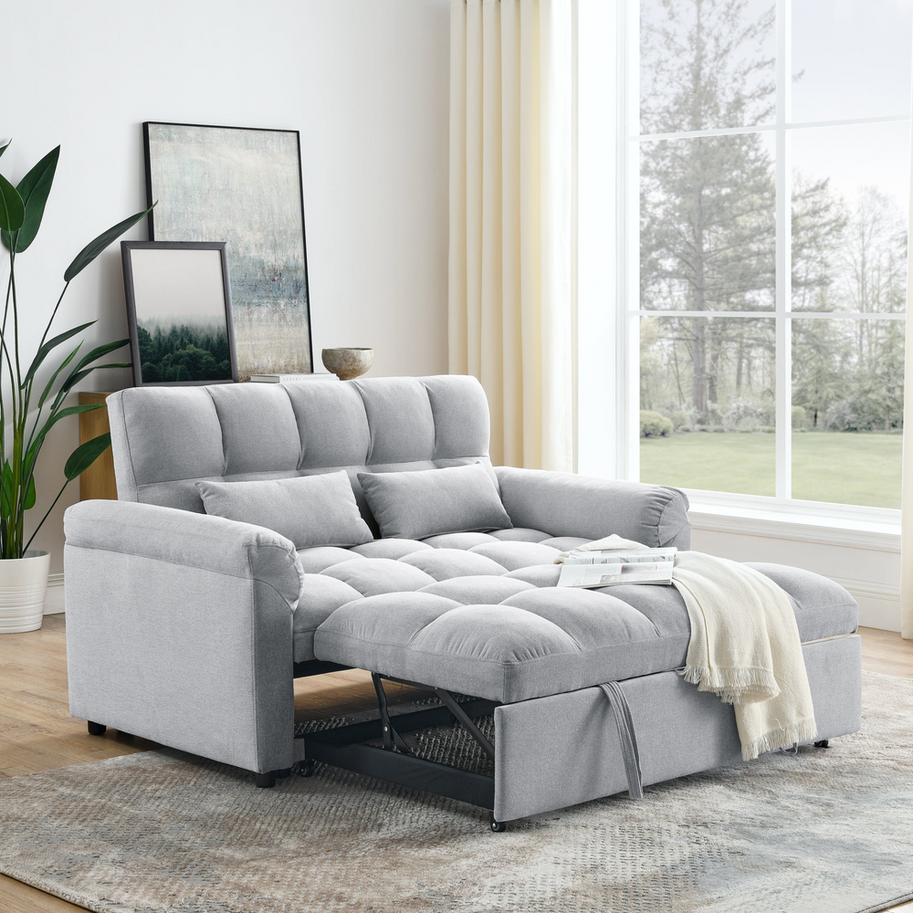 Boho Aesthetic Loveseats Sofa Bed with Pull-out Bed,Adjsutable Back,Light Grey | Biophilic Design Airbnb Decor Furniture 