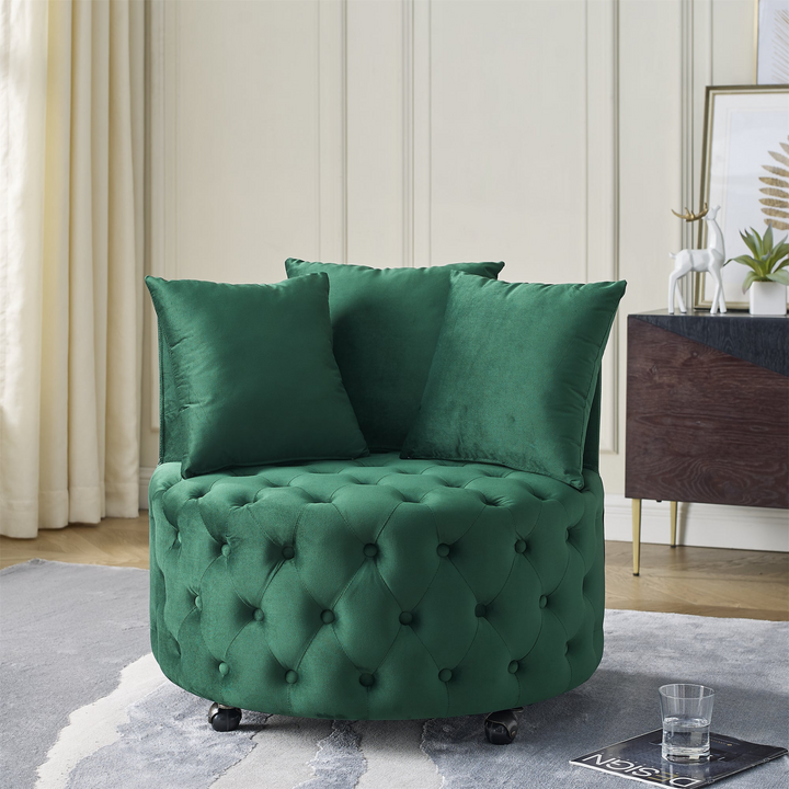 Boho Aesthetic Velvet Upholstered Swivel Chair for Living Room, with Button Tufted Design and Movable Wheels, Including 3 Pillows, Green | Biophilic Design Airbnb Decor Furniture 