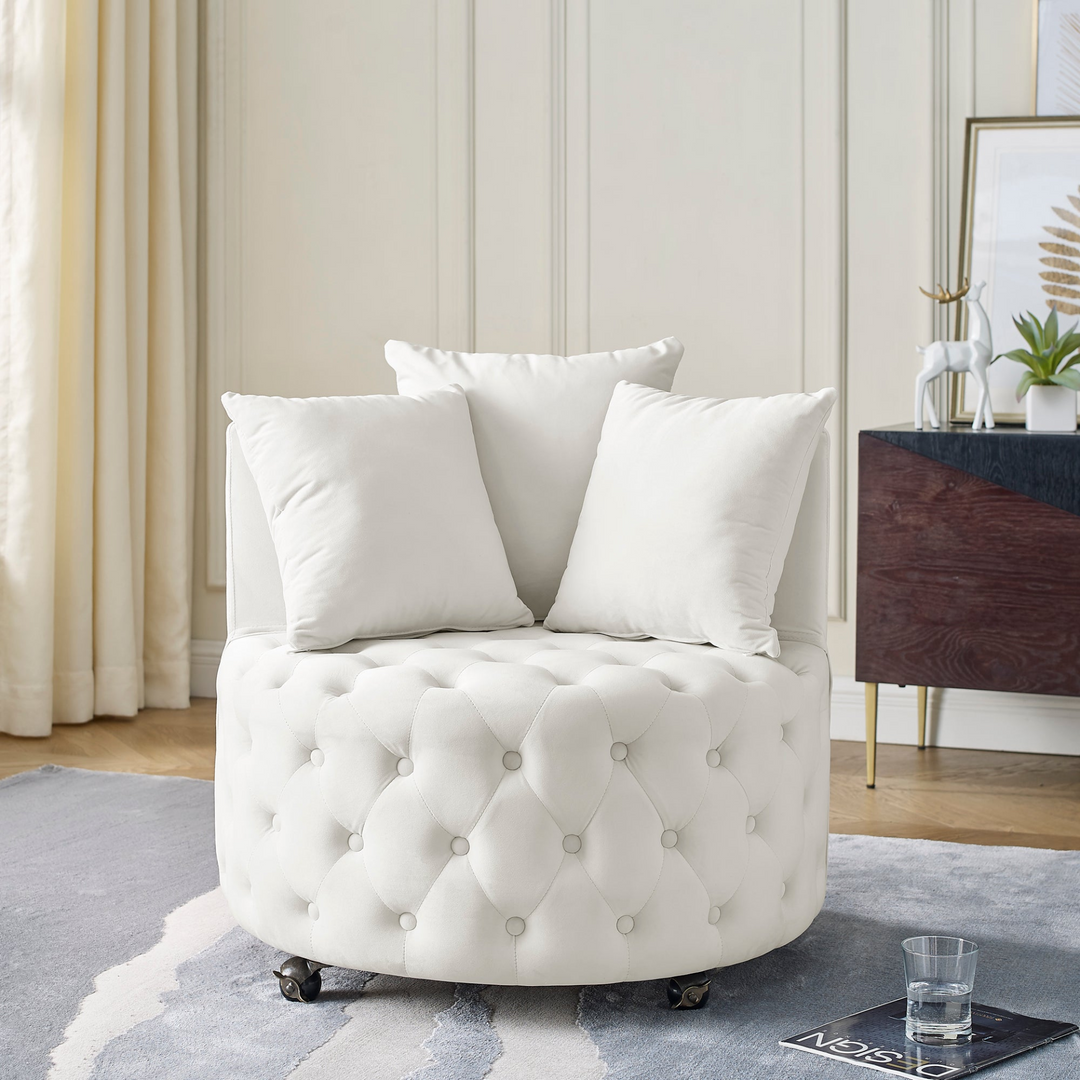 Boho Aesthetic Velvet Upholstered Swivel Chair for Living Room, with Button Tufted Design and Movable Wheels, Including 3 Pillows, Beige | Biophilic Design Airbnb Decor Furniture 