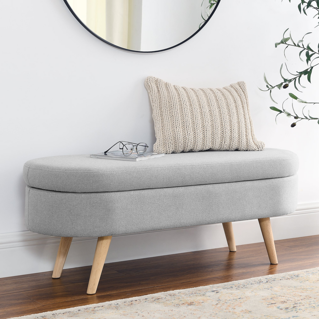 Boho Aesthetic Ottoman Oval Storage Bench, Rubber Wood Legs, Grey(43.5"x16"x16") | Biophilic Design Airbnb Decor Furniture 