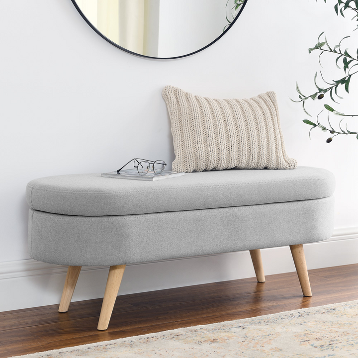 Boho Aesthetic Ottoman Oval Storage Bench, Rubber Wood Legs, Grey(43.5"x16"x16") | Biophilic Design Airbnb Decor Furniture 