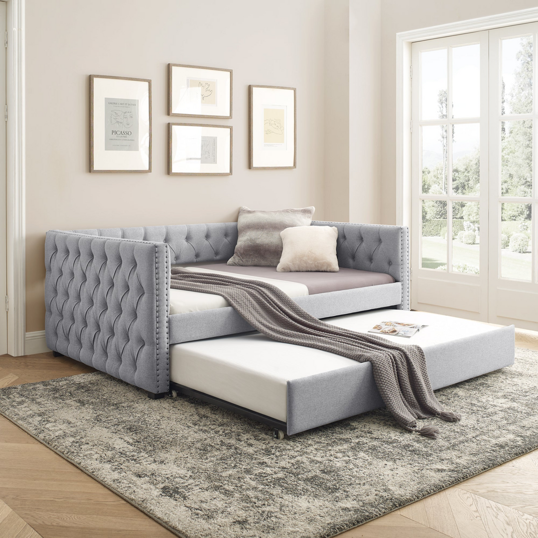 Boho Aesthetic Gray Modern Luxury Italian Minimalist Sofa Day Bed | Biophilic Design Airbnb Decor Furniture 