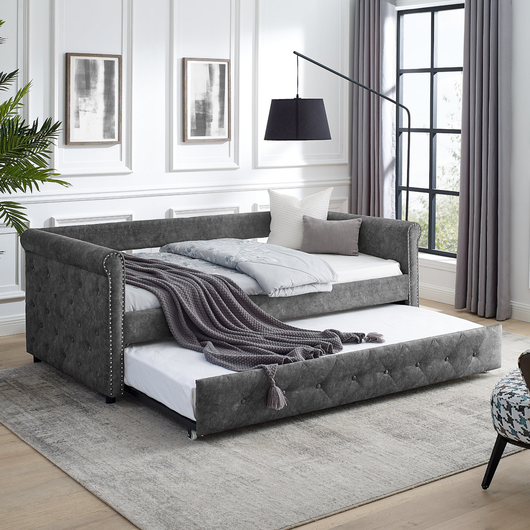 Boho Aesthetic Dark Gray Modern Luxury Italian Minimalist Sofa Day Bed for Airbnb Rental | Biophilic Design Airbnb Decor Furniture 