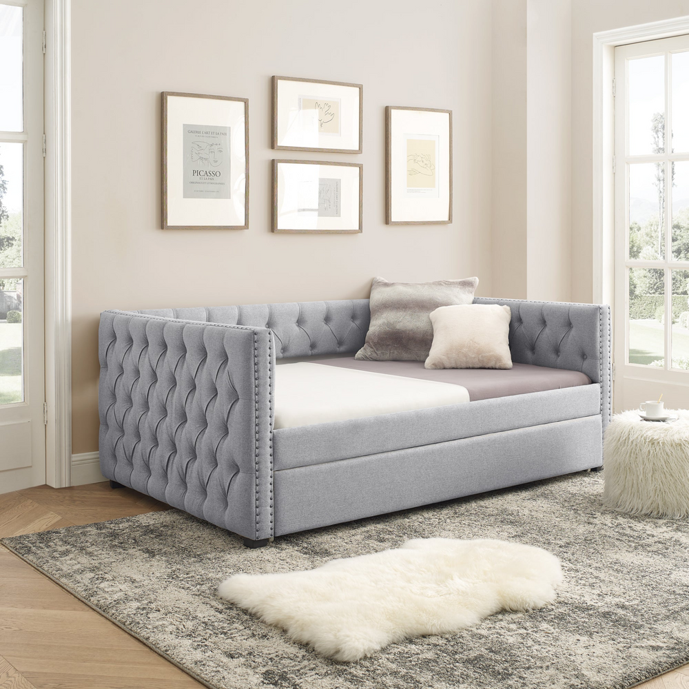 Boho Aesthetic Gray Modern Luxury Italian Minimalist Sofa Day Bed | Biophilic Design Airbnb Decor Furniture 