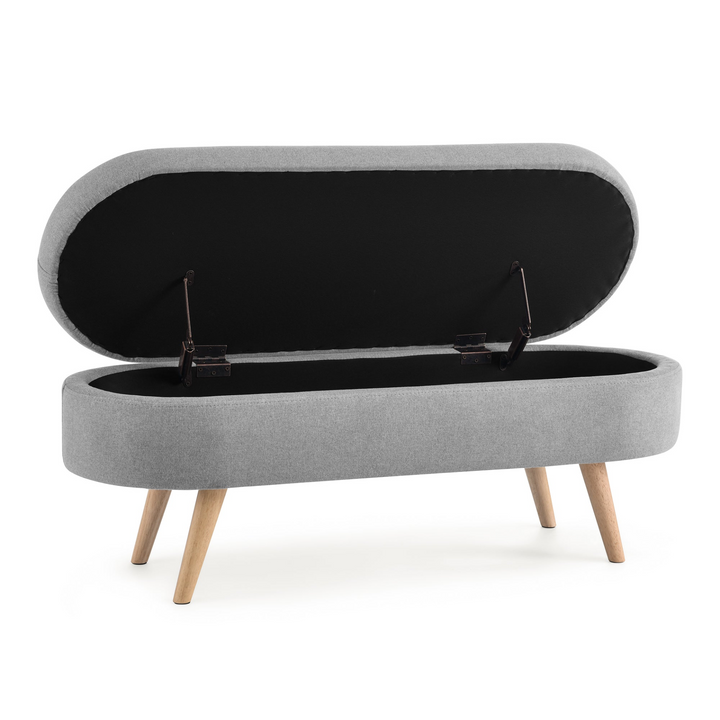 Boho Aesthetic Ottoman Oval Storage Bench, Rubber Wood Legs, Grey(43.5"x16"x16") | Biophilic Design Airbnb Decor Furniture 