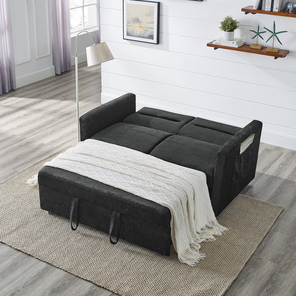 Boho Aesthetic Loveseats Sofa Bed with Pull-out Bed,Adjsutable Back and Two Arm Pocket,Black (54.5"x33"x31.5") | Biophilic Design Airbnb Decor Furniture 