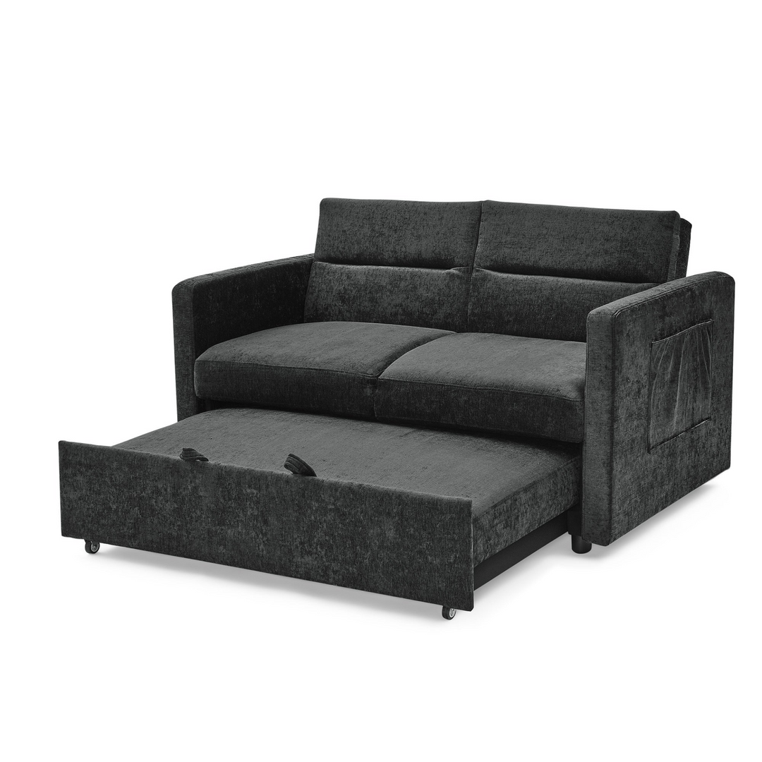 Boho Aesthetic Loveseats Sofa Bed with Pull-out Bed,Adjsutable Back and Two Arm Pocket,Black (54.5"x33"x31.5") | Biophilic Design Airbnb Decor Furniture 