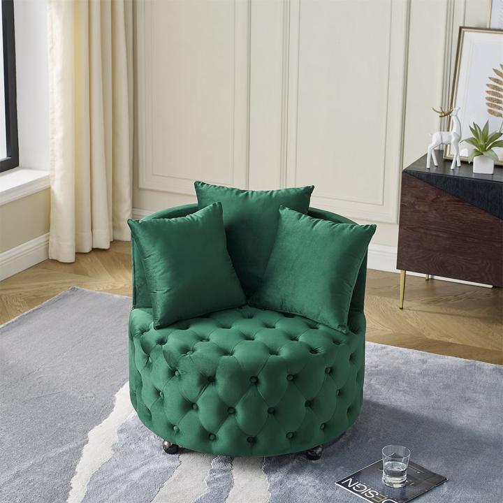 Boho Aesthetic Velvet Upholstered Swivel Chair for Living Room, with Button Tufted Design and Movable Wheels, Including 3 Pillows, Green | Biophilic Design Airbnb Decor Furniture 