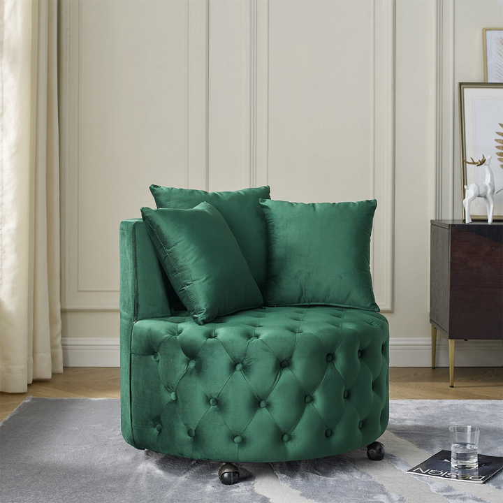 Boho Aesthetic Velvet Upholstered Swivel Chair for Living Room, with Button Tufted Design and Movable Wheels, Including 3 Pillows, Green | Biophilic Design Airbnb Decor Furniture 