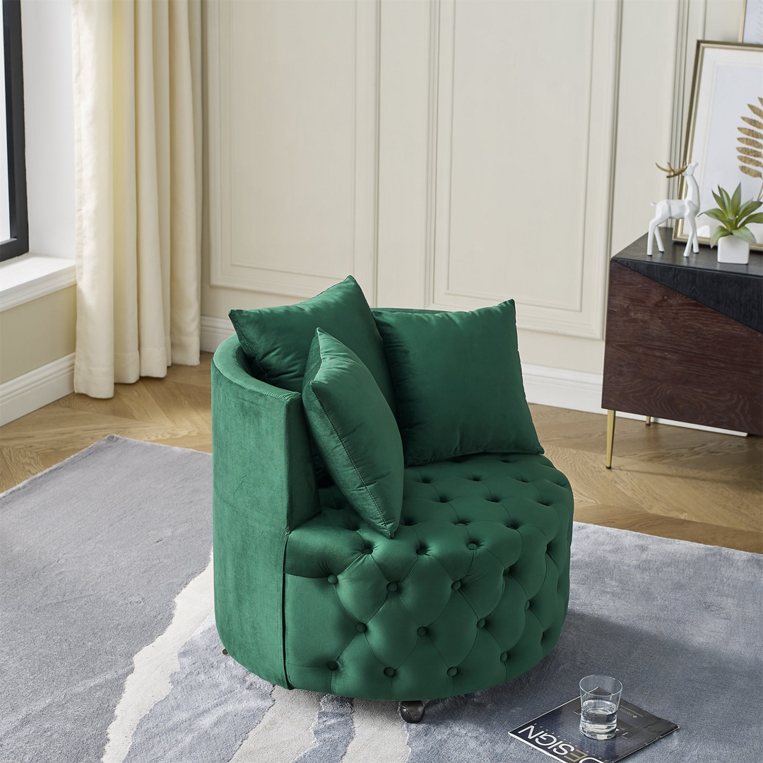 Boho Aesthetic Velvet Upholstered Swivel Chair for Living Room, with Button Tufted Design and Movable Wheels, Including 3 Pillows, Green | Biophilic Design Airbnb Decor Furniture 