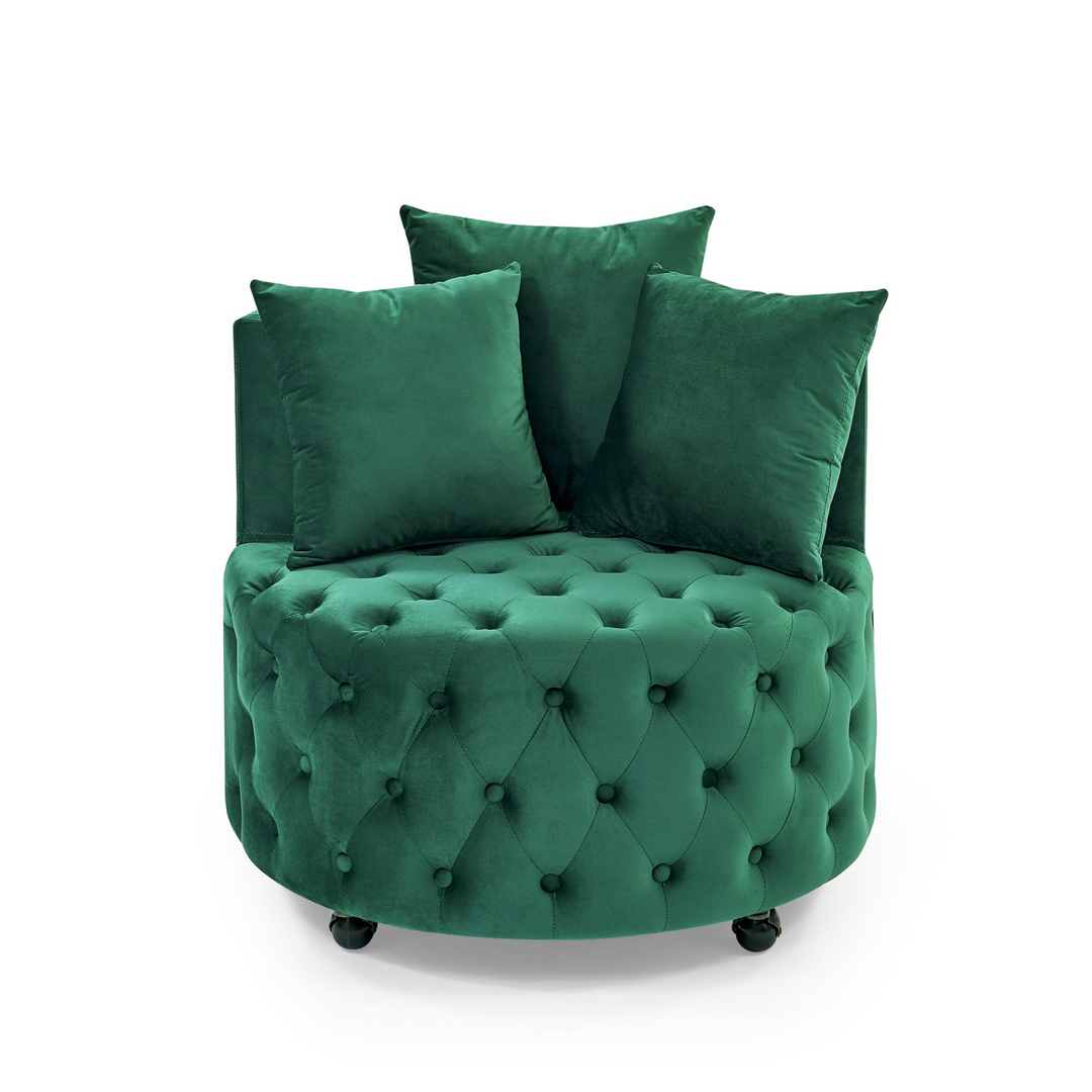 Boho Aesthetic Velvet Upholstered Swivel Chair for Living Room, with Button Tufted Design and Movable Wheels, Including 3 Pillows, Green | Biophilic Design Airbnb Decor Furniture 