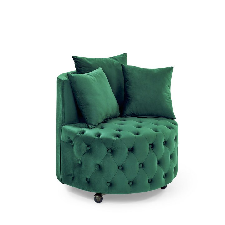 Boho Aesthetic Velvet Upholstered Swivel Chair for Living Room, with Button Tufted Design and Movable Wheels, Including 3 Pillows, Green | Biophilic Design Airbnb Decor Furniture 