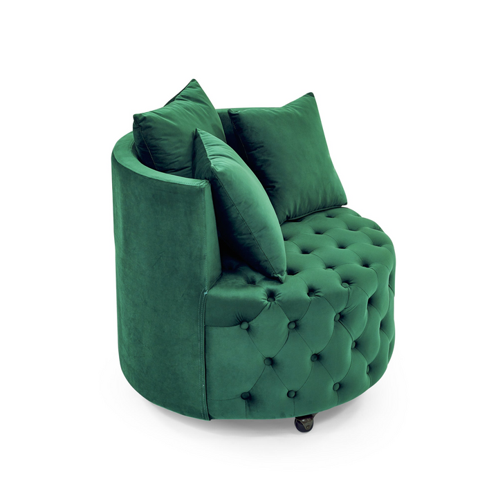 Boho Aesthetic Velvet Upholstered Swivel Chair for Living Room, with Button Tufted Design and Movable Wheels, Including 3 Pillows, Green | Biophilic Design Airbnb Decor Furniture 